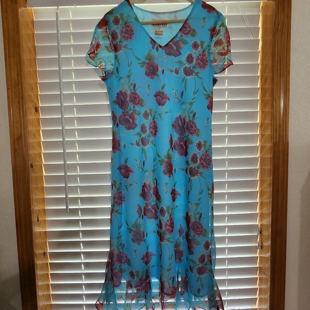 Megan Lee Sundress women Midi blue Flutter Sleeves vNeck Lined boho flirt 16P‎
